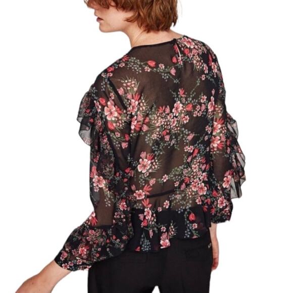 Zara Black Pink Floral Sheer Ruffle Long Sleeve Peplum Top Size Large - Picture 8 of 13